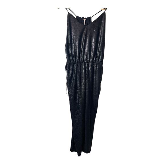 Free People Sequin Jumpsuit Black Size Medium All Over Pantsuit Sparkly V-Neck - Picture 2 of 7